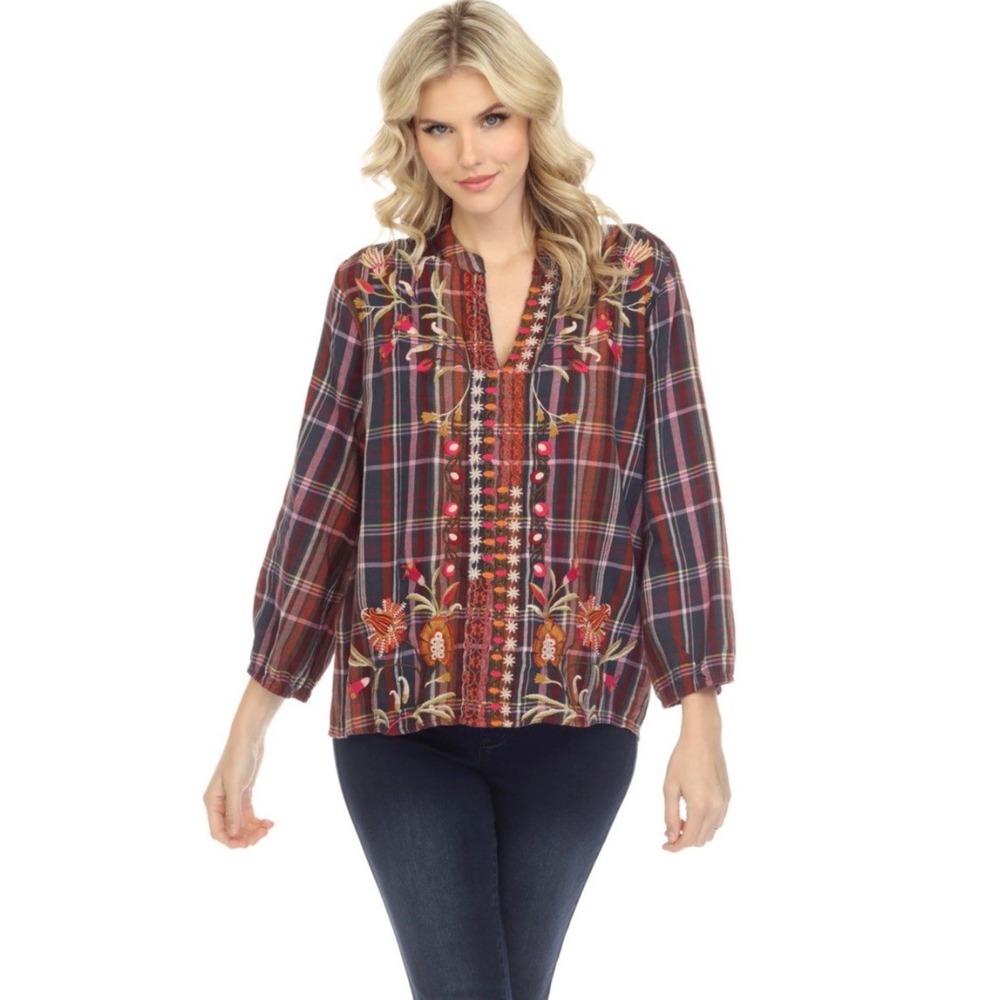 Johnny Was Top Rosalva Paris Blouse Plaid Embroidered Workshop Boho Women's XS - Picture 3 of 13